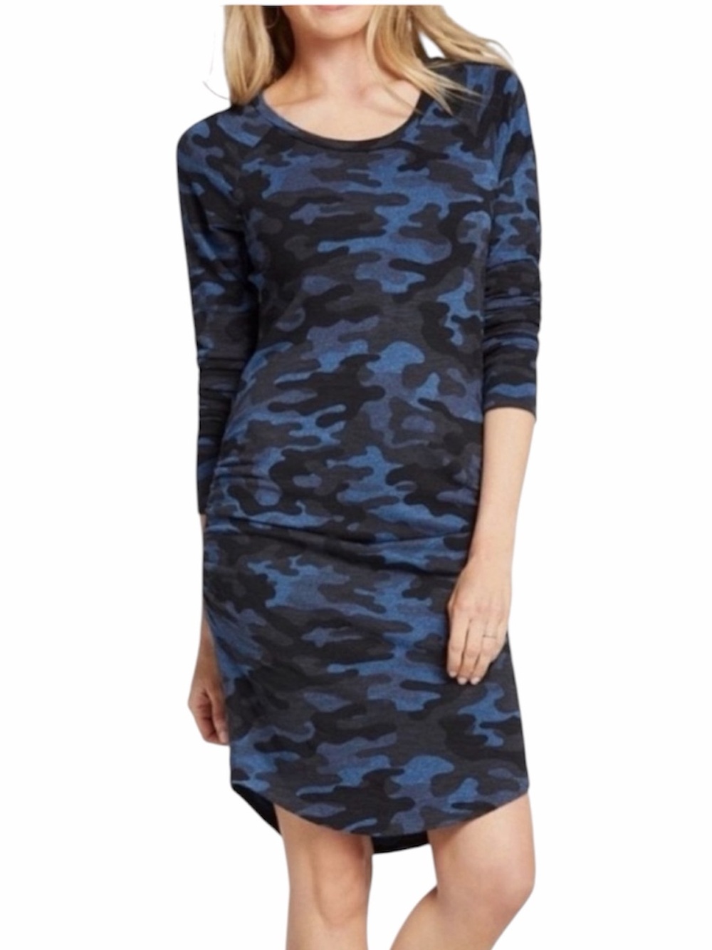 Sundry Blue Camo Long Sleeve Dress w side Rouching sweatsuit material 2